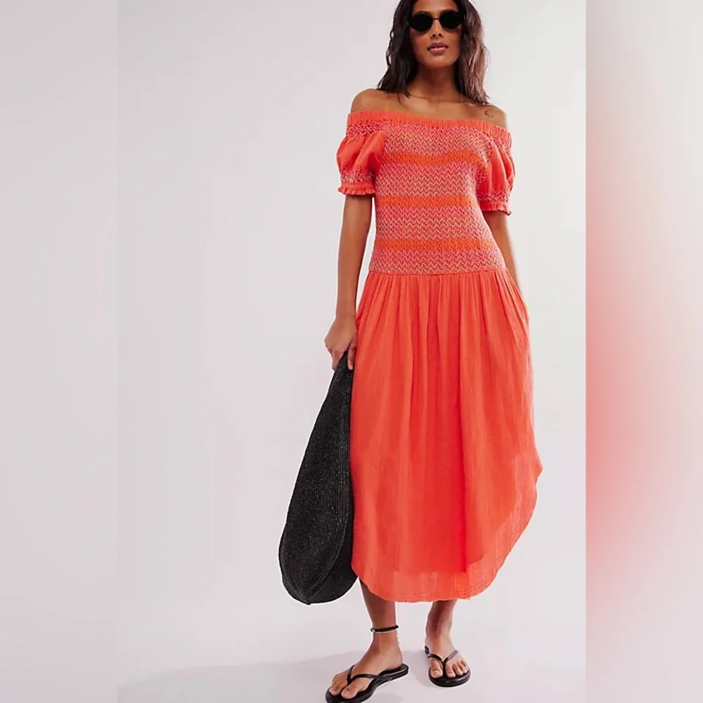Free People Catch Me Midi Dress Size Small Off Shoulder Fitted Drop Waist Midi - Picture 2 of 7